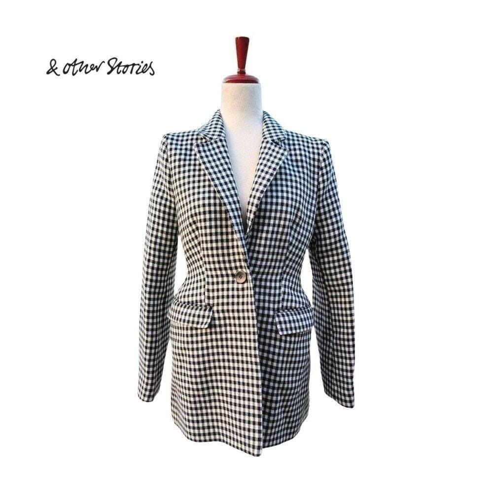 & OTHER STORIES Single-Breasted Fitted Mid-Length Tailored Gingham Blazer Size 6